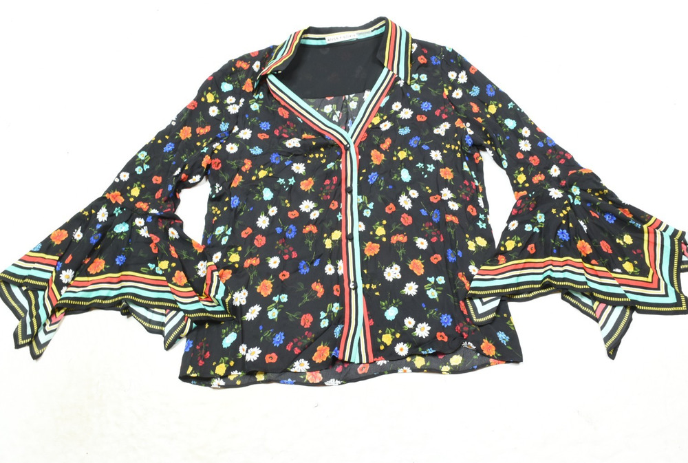 Alice + Olivia Black Floral Ruffled Bell-Sleeve Blouse